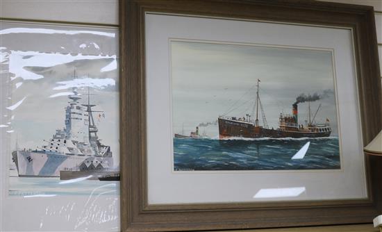 F.Patterson, 2 watercolours, HMS Rodney and Scalby Wyke, largest 34 x 45cm, one unframed